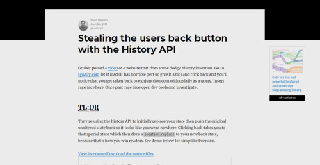 Screenshot Site Stealing the users back button with the History API